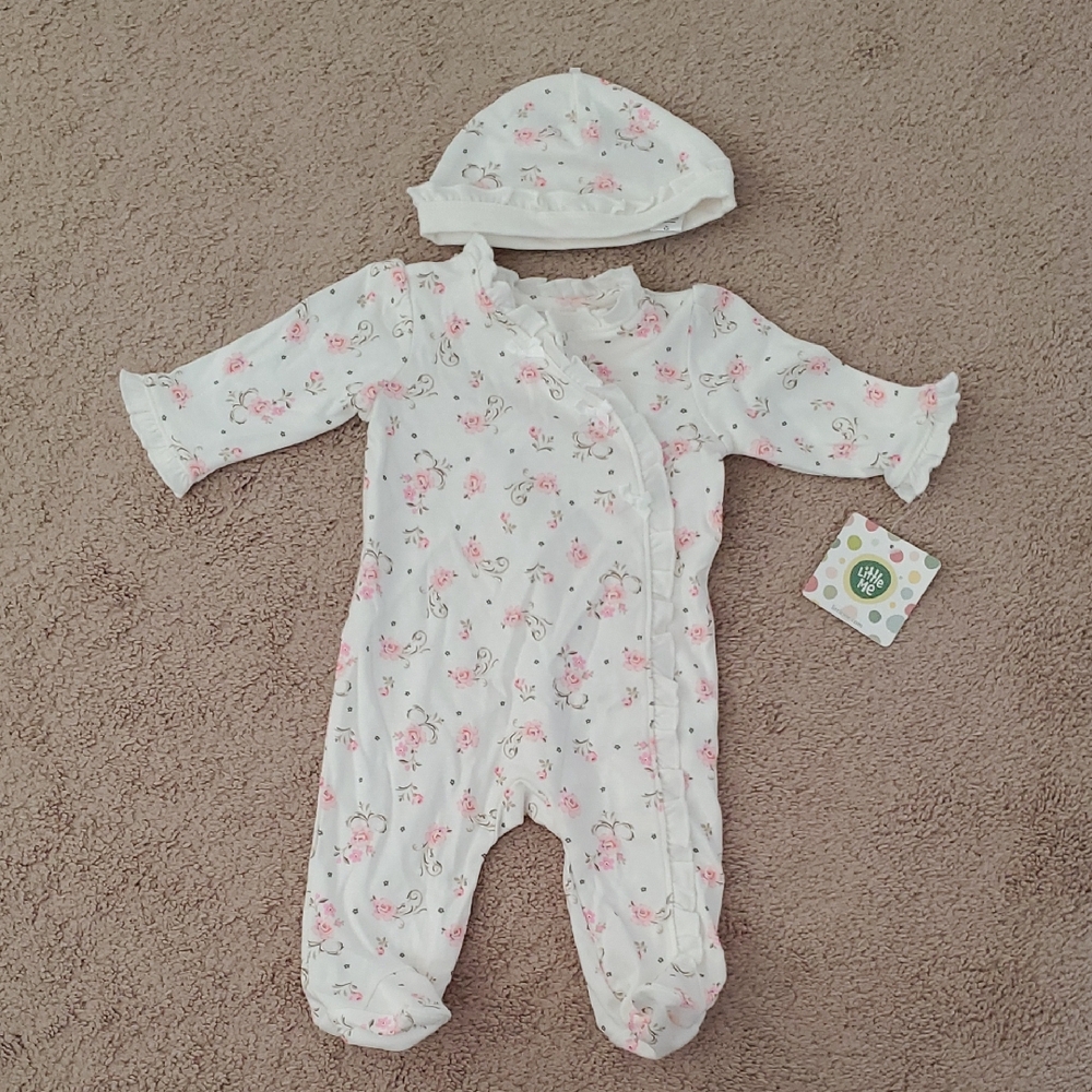Little Me White and Pink Floral Footie And Hat Set